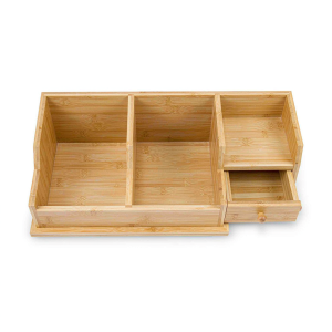 Bamboo desktop organizer with open top compartments and a drawer on a white background