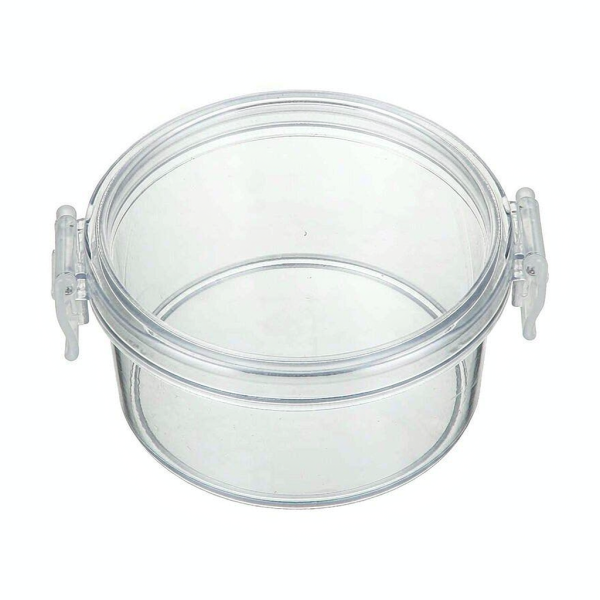 Clear stackable plastic storage box with lid on a white background