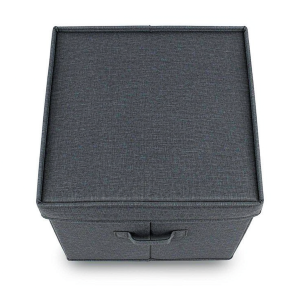 Collapsible storage cube with a front label window on a white background