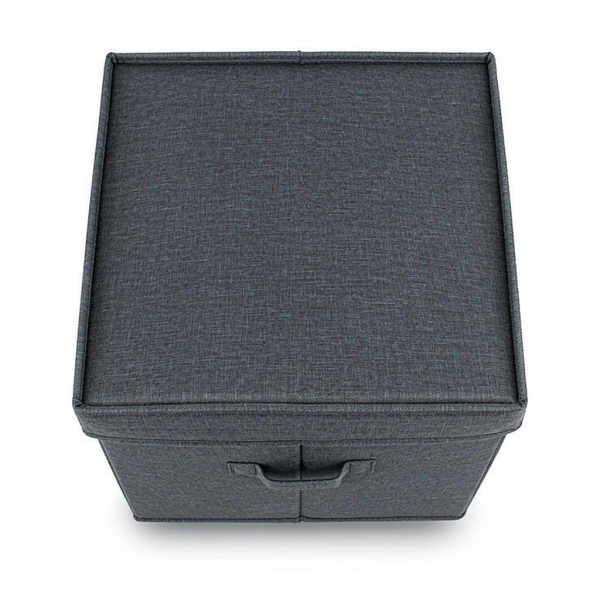 Collapsible storage cube with a front label window on a white background