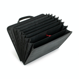 Expanding document organizer with thirteen pockets on a white background