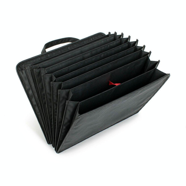 Expanding document organizer with thirteen pockets on a white background