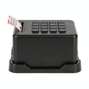 Desktop label maker with tape rolls on a white background